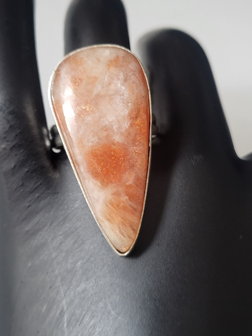 Handcrafted Natural Sunstone Teardrop Ring in 925 Silver Overlay